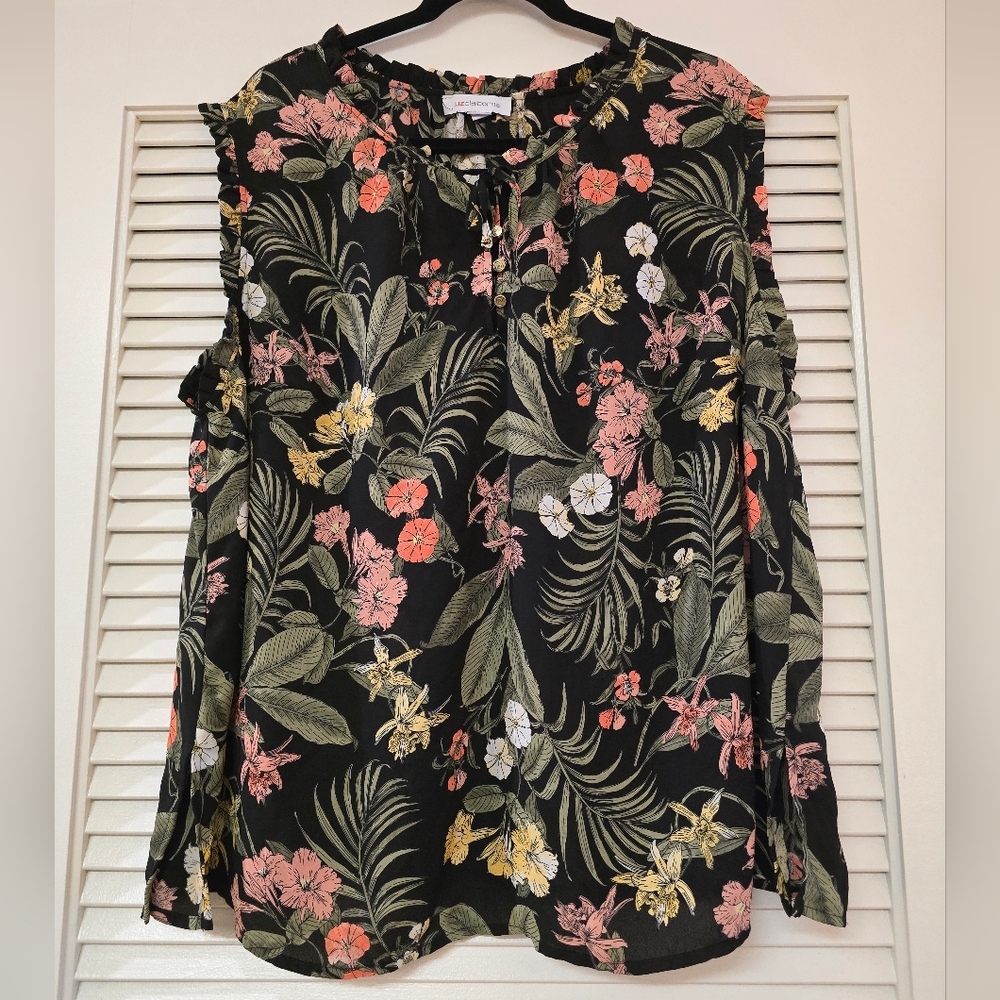 Liz Claiborne - (Plus Size) Tropical Floral Ruffle Sleeveless Lightweight Top